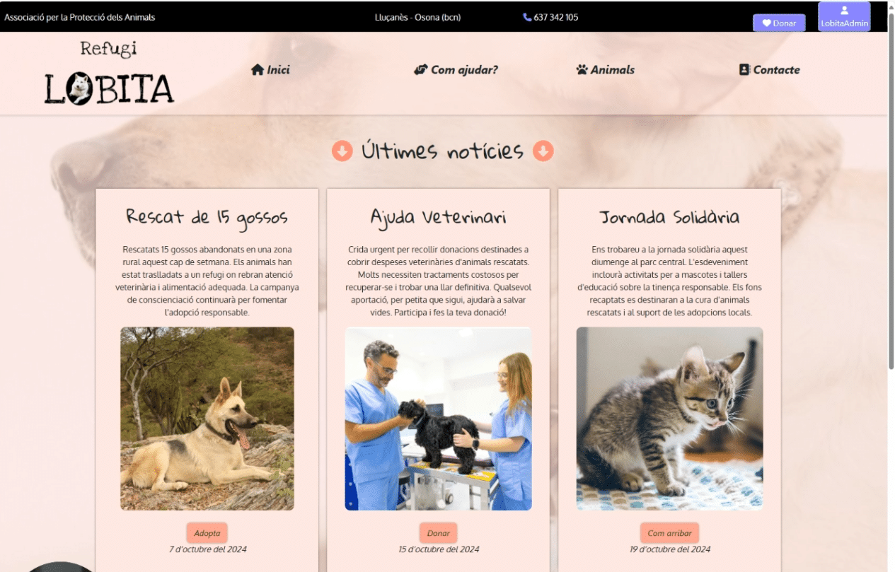Página web del proyecto Refugi Lobita para protectora de animales